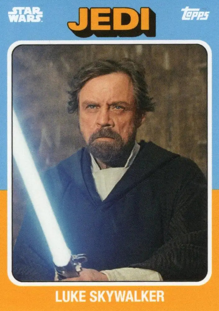 Topps Star Wars trading card featuring Jedi Master Luke Skywalker with blue lightsaber