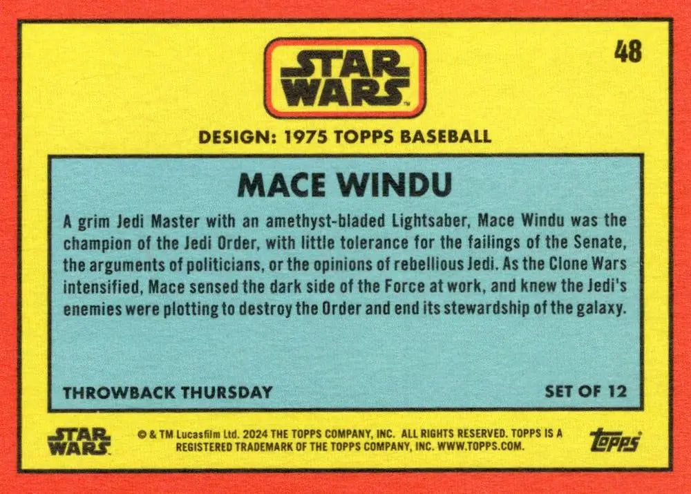 Trading card of Mace Windu from Star Wars with red and yellow borders, Topps Baseball