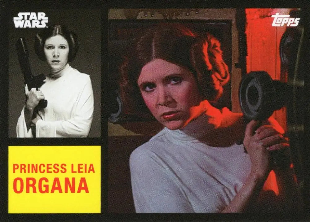 Star Wars trading card featuring Princess Leia Organa in white dress with blaster