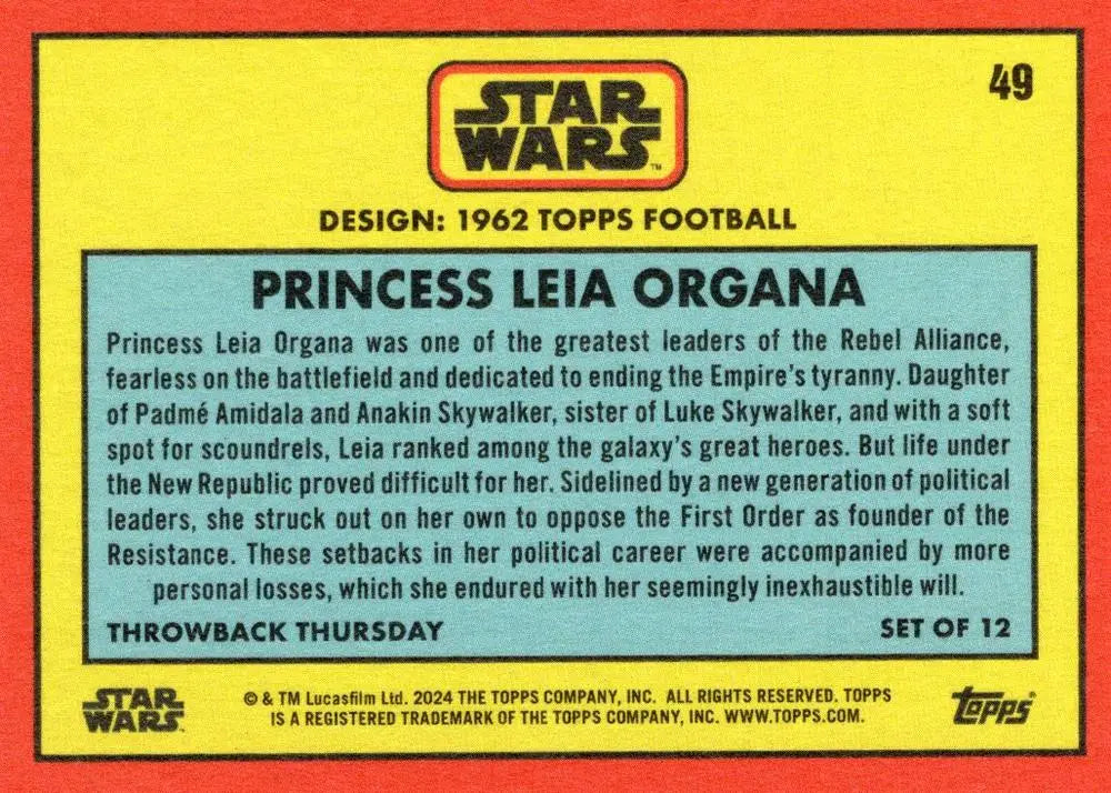 Star Wars trading card of Princess Leia Organa from Topps Football 1962 with vibrant colors