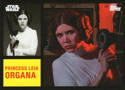 Star Wars trading card featuring Princess Leia Organa in white dress with blaster