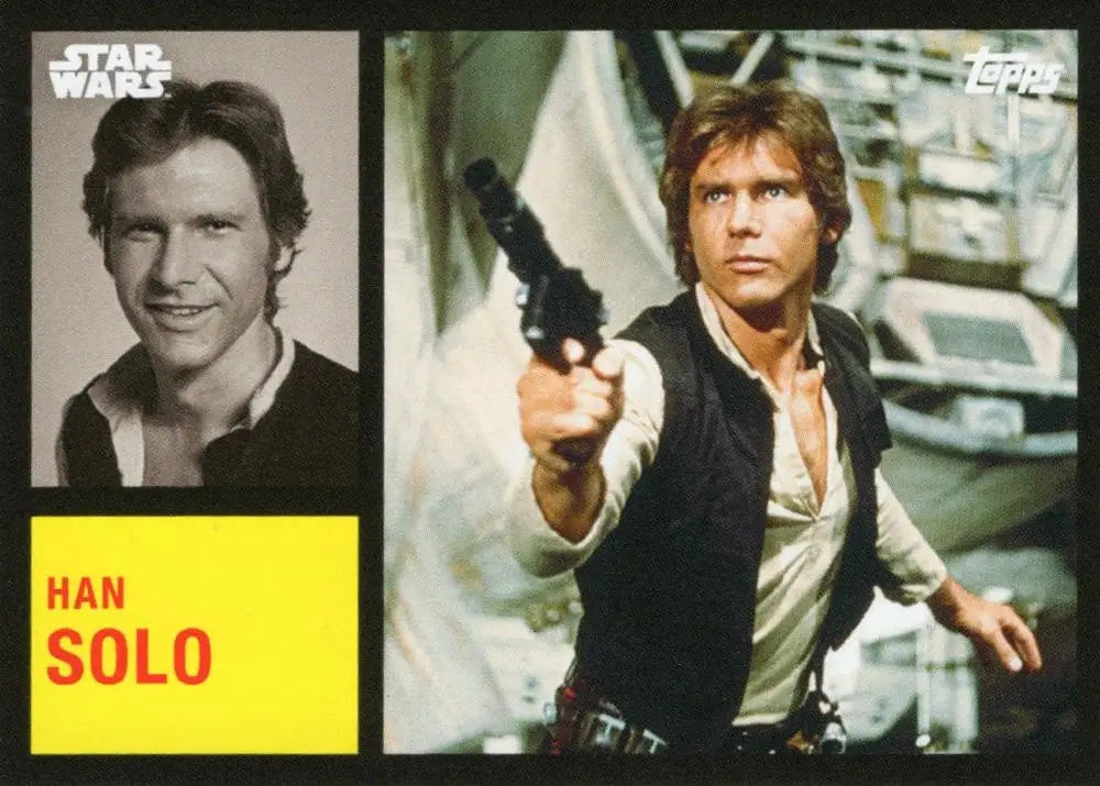 Star Wars trading card of Han Solo in action and portrait for Topps Football collection