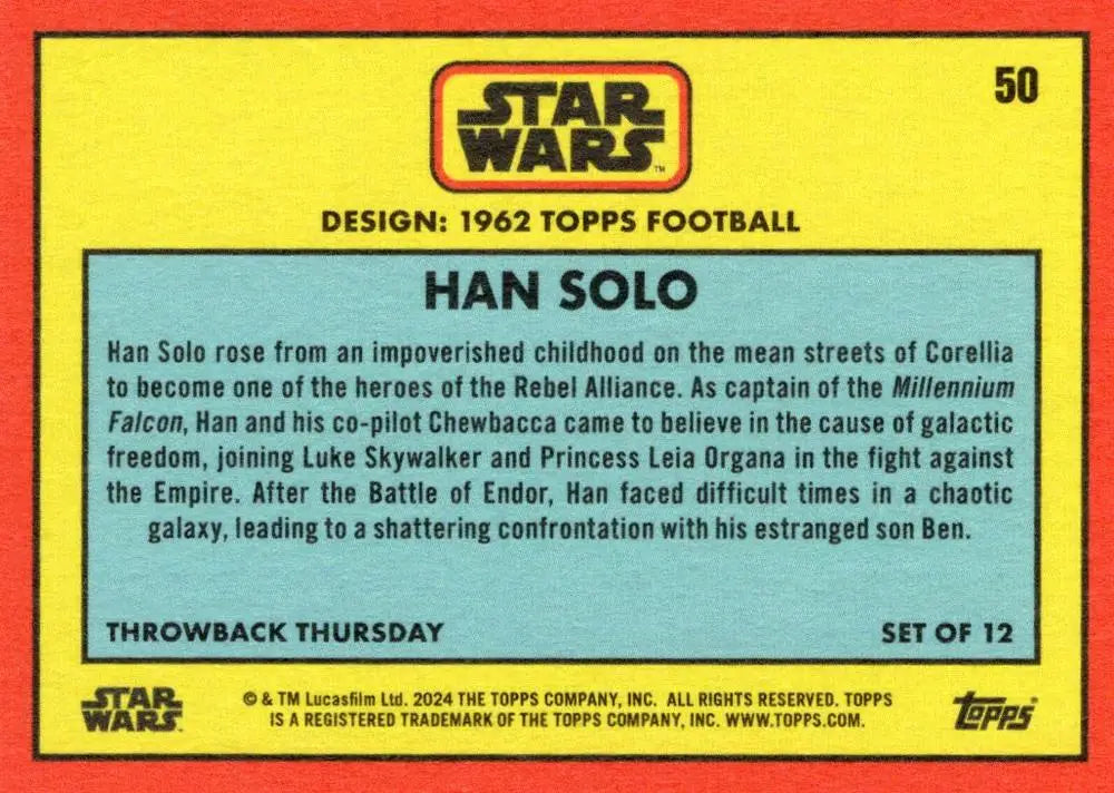 Star Wars trading card of Han Solo in retro 1962 Topps Football design