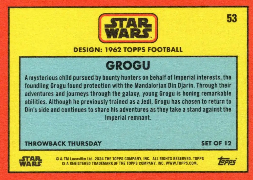 Star Wars trading card featuring Grogu and Throwback Thursday branding from Topps Football