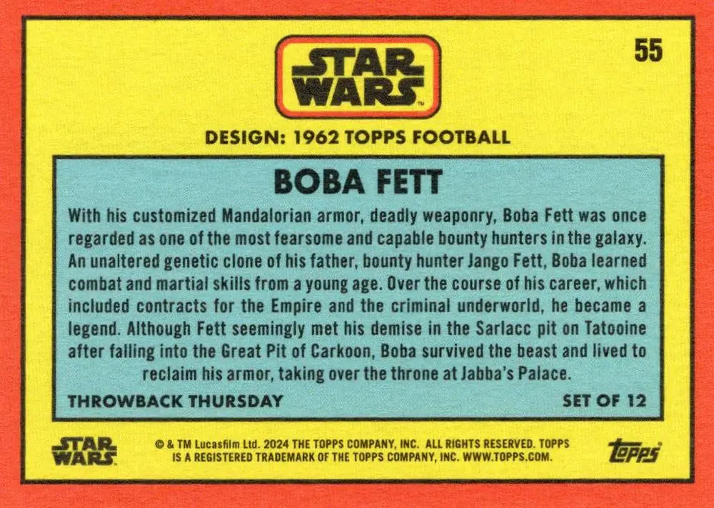 Star Wars trading card featuring Boba Fett from 1962 Topps Football with red and yellow borders