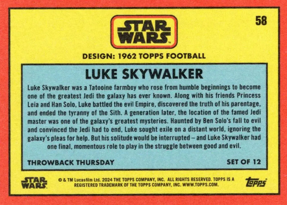 Star Wars trading card of Luke Skywalker with red and yellow border from Topps Football