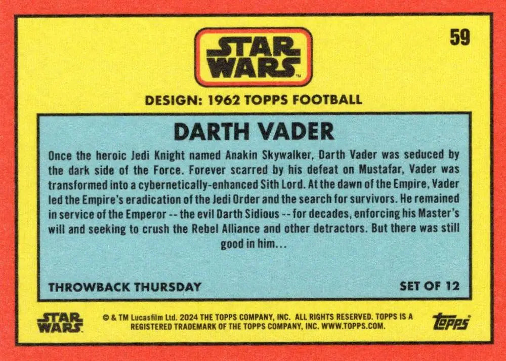 Star Wars trading card featuring Darth Vader’s character biography from Topps Football