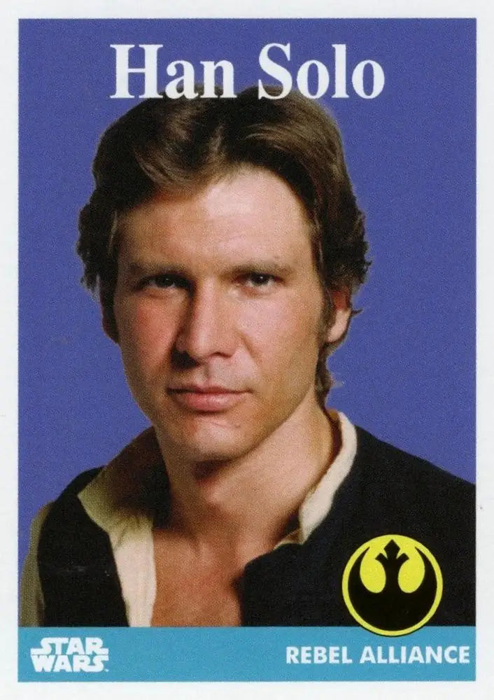 Star Wars trading card featuring Han Solo with Rebel Alliance symbol on baseball card