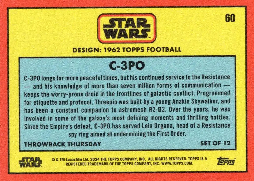 Star Wars trading card of C-3PO with character description from 1962 Topps Football