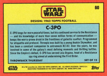 Star Wars trading card of C-3PO with character description from 1962 Topps Football