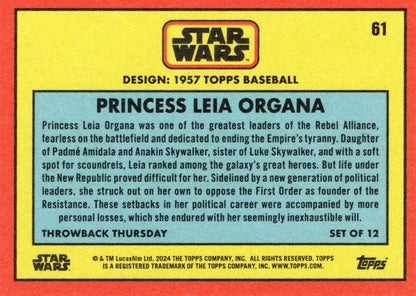 Yellow Star Wars trading card of Princess Leia in vintage 1957 Topps Baseball style