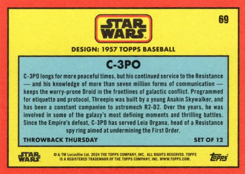 Trading card of C-3PO in 1957 Topps Baseball style from Star Wars Throwback Thursday 2024