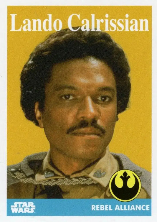 Star Wars trading card of Lando Calrissian against a yellow Rebel Alliance background