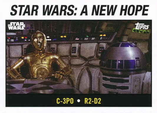 Trading card showcasing C-3PO and R2-D2 from Star Wars A New Hope for collectors