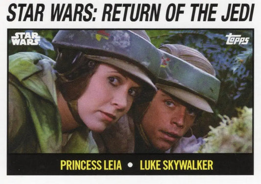 Star Wars trading card featuring Princess Leia and Luke Skywalker in helmets