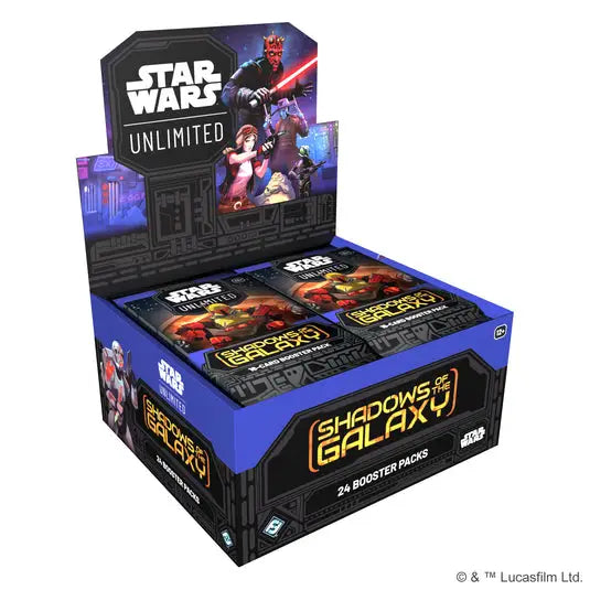 Star Wars Unlimited Shadows of the Galaxy Booster Box display case with common cards