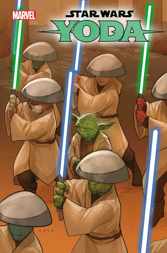 Comic book cover of Star Wars Yoda #5 with Yoda and his lightsaber-wielding selves