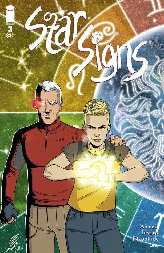 Comic book cover of Starsigns #3 featuring characters in red and yellow outfits