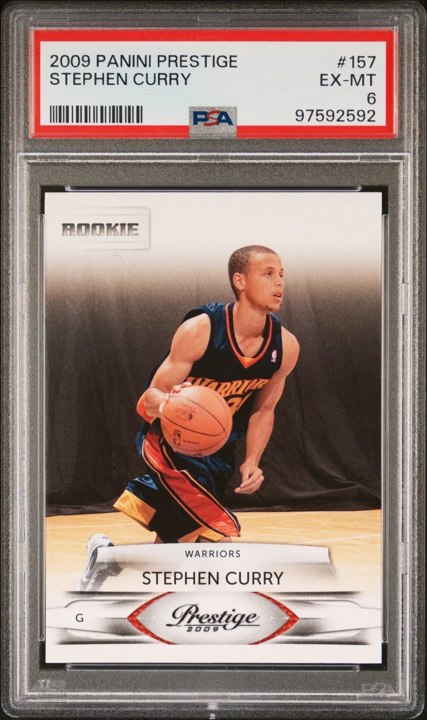 PSA-graded Stephen Curry 2009 Panini Prestige Rookie card in protective case