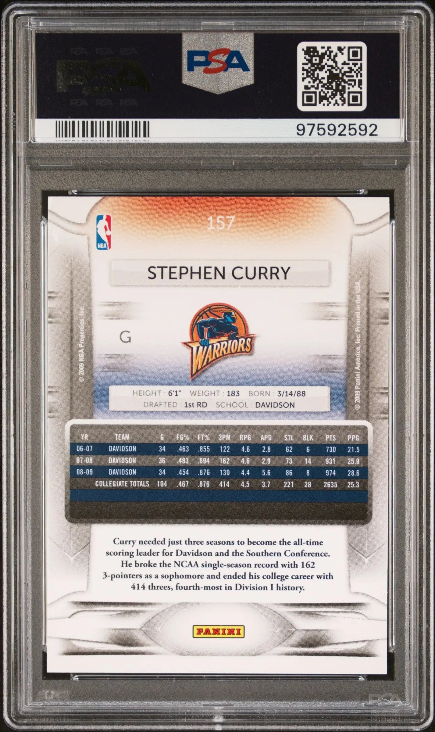 PSA-graded Stephen Curry 2009 Panini Prestige Rookie card in protective case with QR code