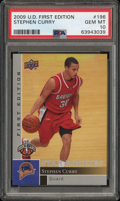 PSA 10 Gem Mint Stephen Curry 2009 Upper Deck First Edition basketball card in red uniform