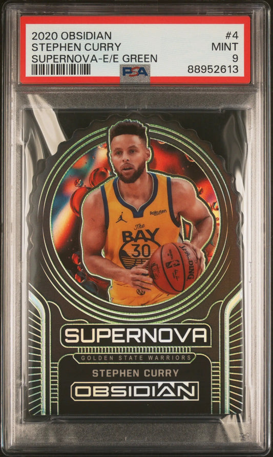 Stephen Curry 2020 Obsidian Supernova basketball card in yellow Bay jersey PSA 9 Mint