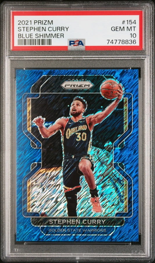 PSA 10 Gem Mint Stephen Curry 2021 Prizm Blue Ice card in black Warriors jersey