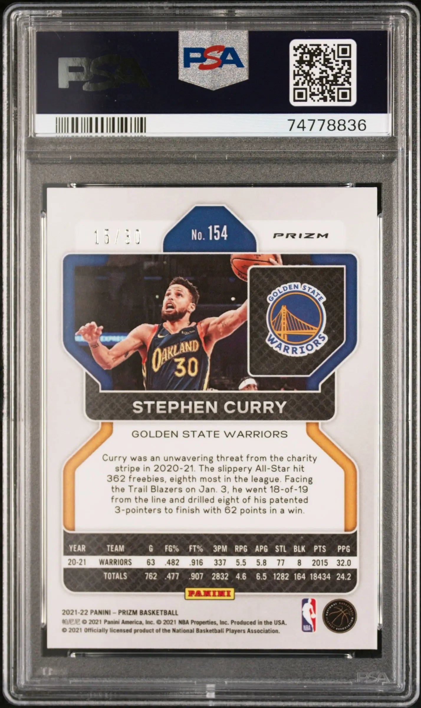 PSA 10 Gem Mint Stephen Curry 2021 Prizm #154 Blue Shimmer basketball card