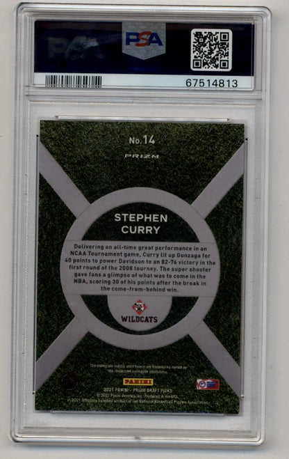 Back of Stephen Curry 2021 Prizm Draft Picks On Campus #14 PSA 9 Mint card with green texture