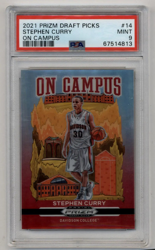 PSA-graded 2021 Prizm Draft Picks On Campus Stephen Curry card featuring Davidson player 30