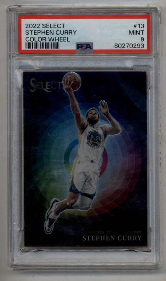 PSA 9 Mint Stephen Curry 2022-23 Select Color Wheel basketball card in Warriors jersey