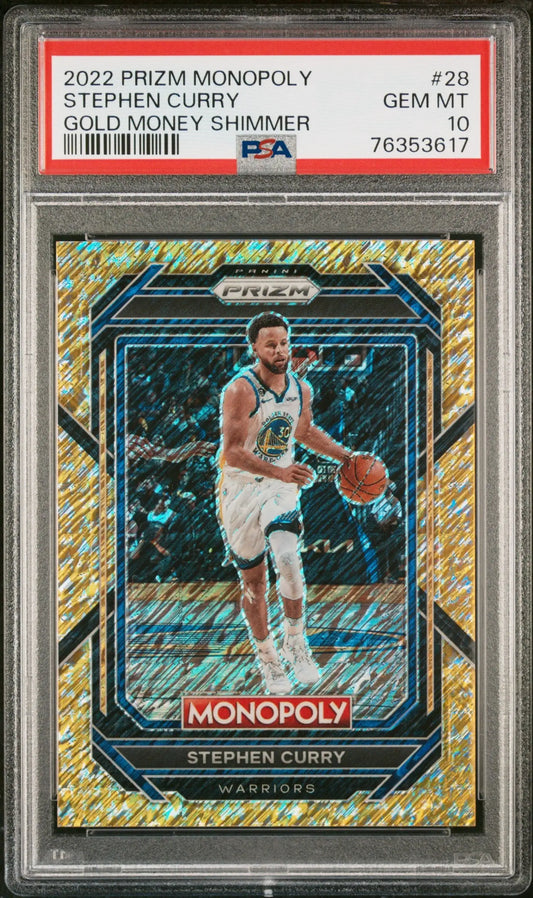 PSA 10 Gem Mint Stephen Curry 2022 Prizm Monopoly Gold Money Shimmer basketball card