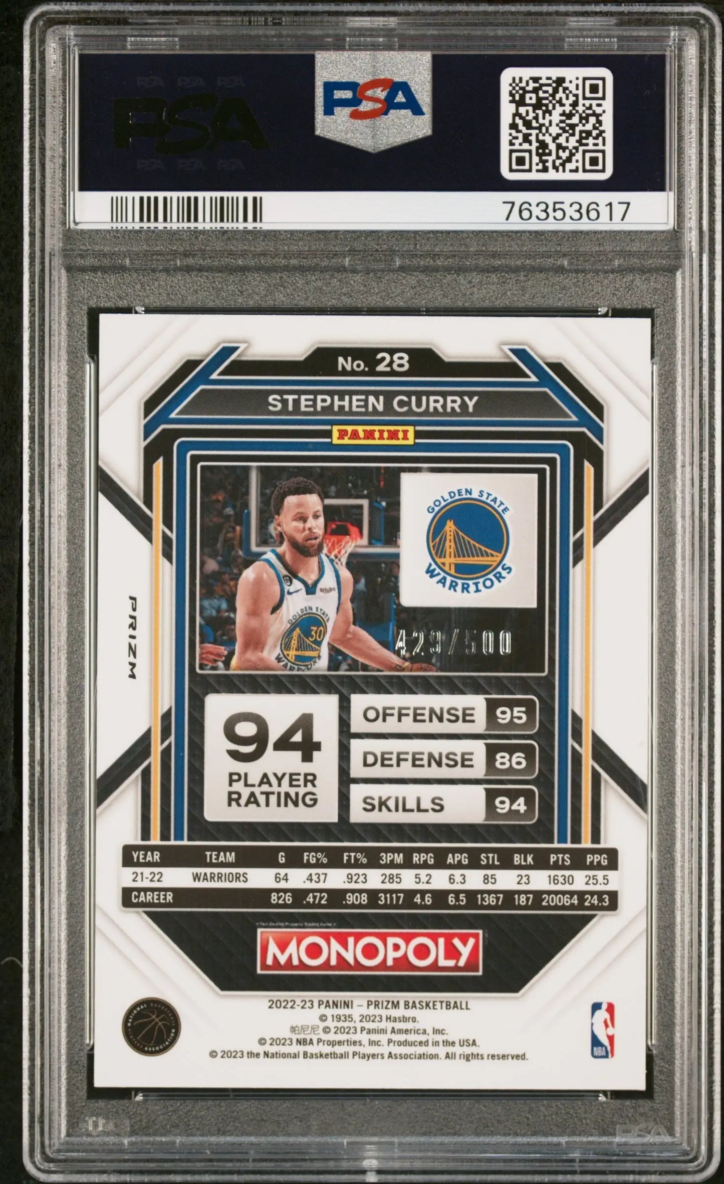 PSA-graded Stephen Curry Prizm Monopoly Gold Money Shimmer basketball trading card