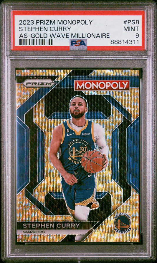 PSA-graded 2023 Prizm Monopoly Gold Wave Millionaire card of Stephen Curry in navy jersey