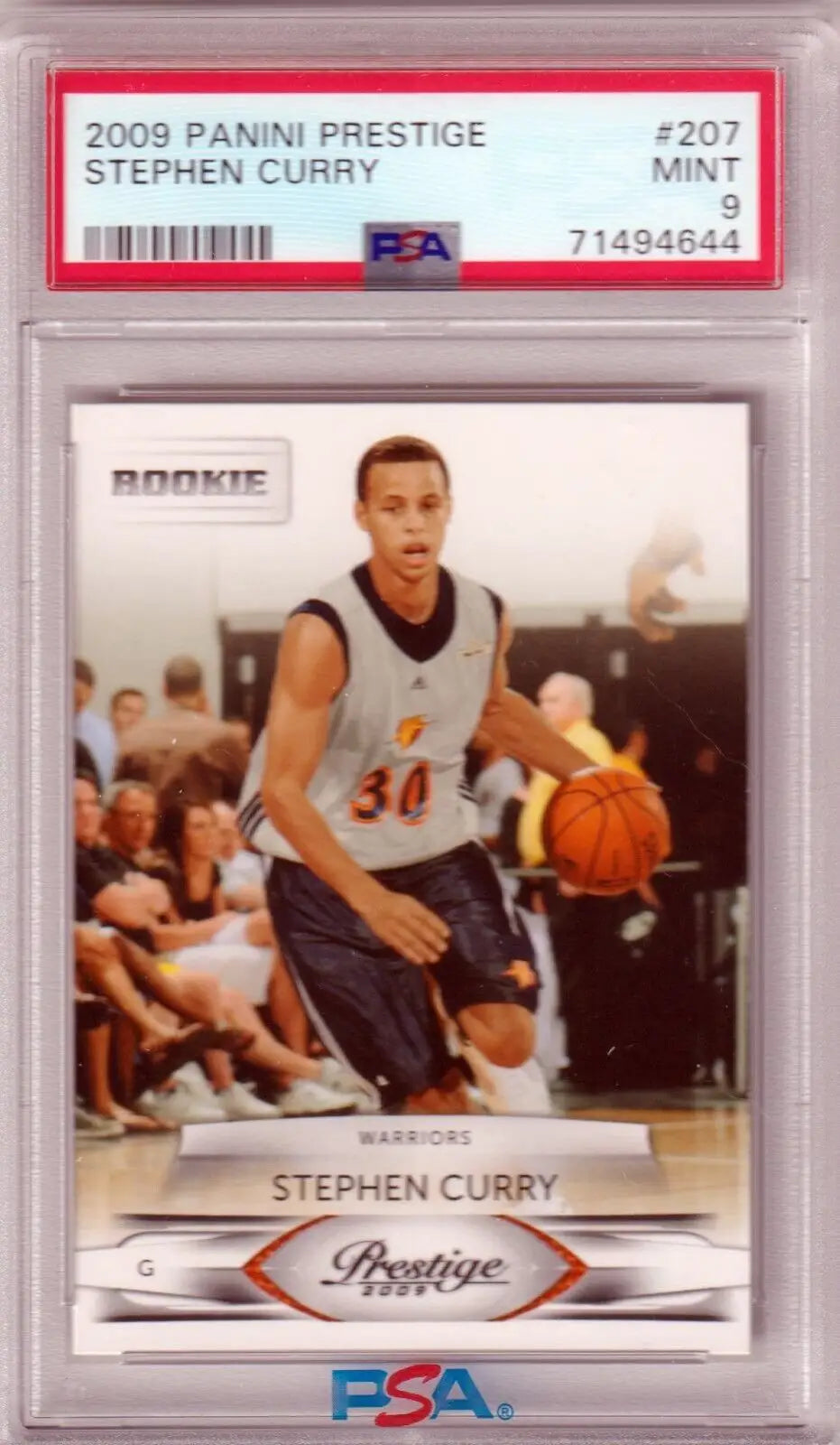 PSA-graded 2009 Panini Prestige Stephen Curry rookie card in protective case, Columbia Hobby