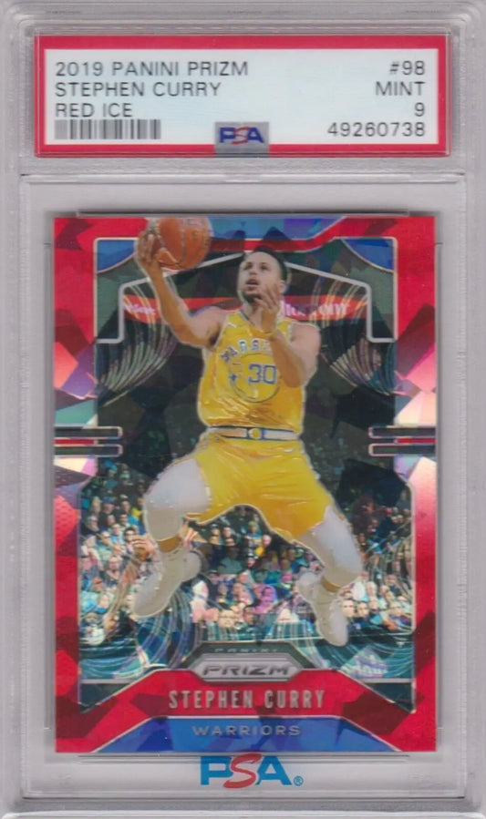 PSA-graded 2019 Panini Prizm Red Stephen Curry card in Warriors yellow jersey from Columbia Hobby