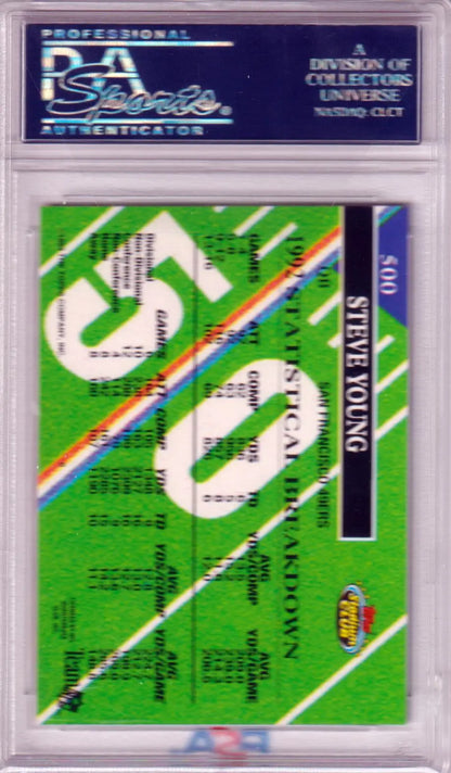 PSA-graded Steve Young 1993 Topps Stadium Club #500 card in clear case with green design