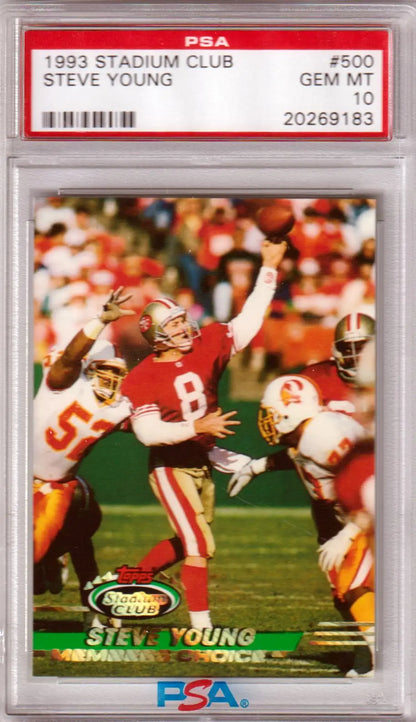 PSA-graded 1993 Topps Stadium Club football card in protective case featuring Steve Young