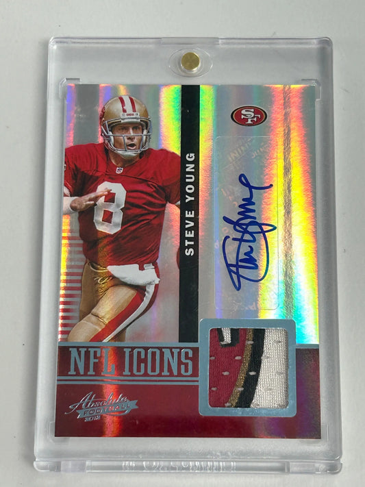 Holographic Steve Young 2012 Panini Absolute NFL Icons Patch Auto #7/8 football card