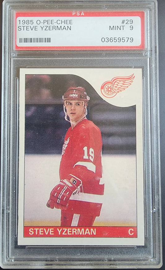 PSA-graded 1985 O-Pee-Chee Steve Yzerman rookie card in protective case for trading cards