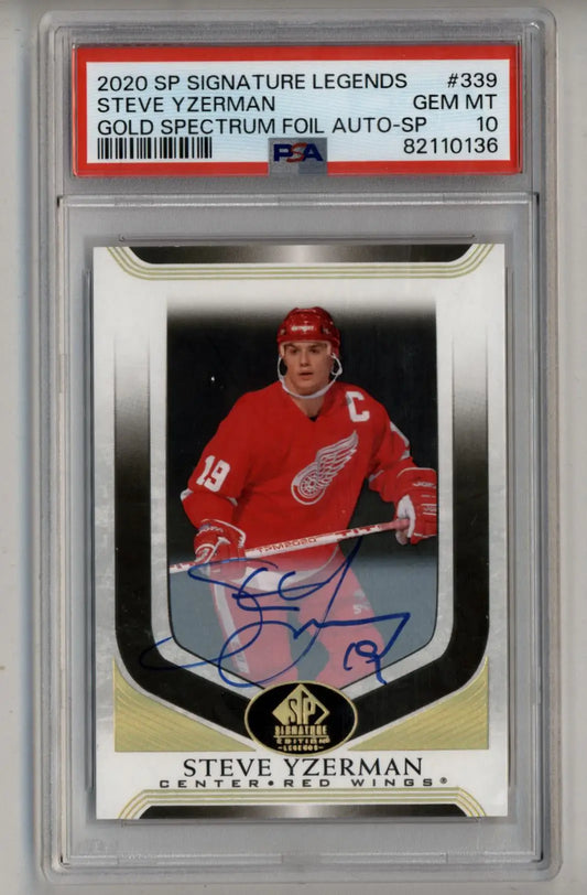 PSA 10 autographed Steve Yzerman Legends Gold Spectrum Foil hockey card from 2020 SP set