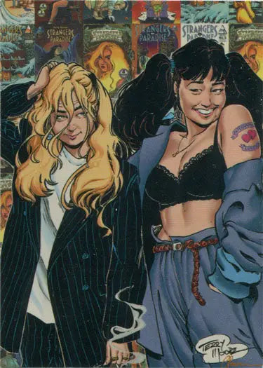 Comic book-style illustration of two women on Strangers In Paradise promo card