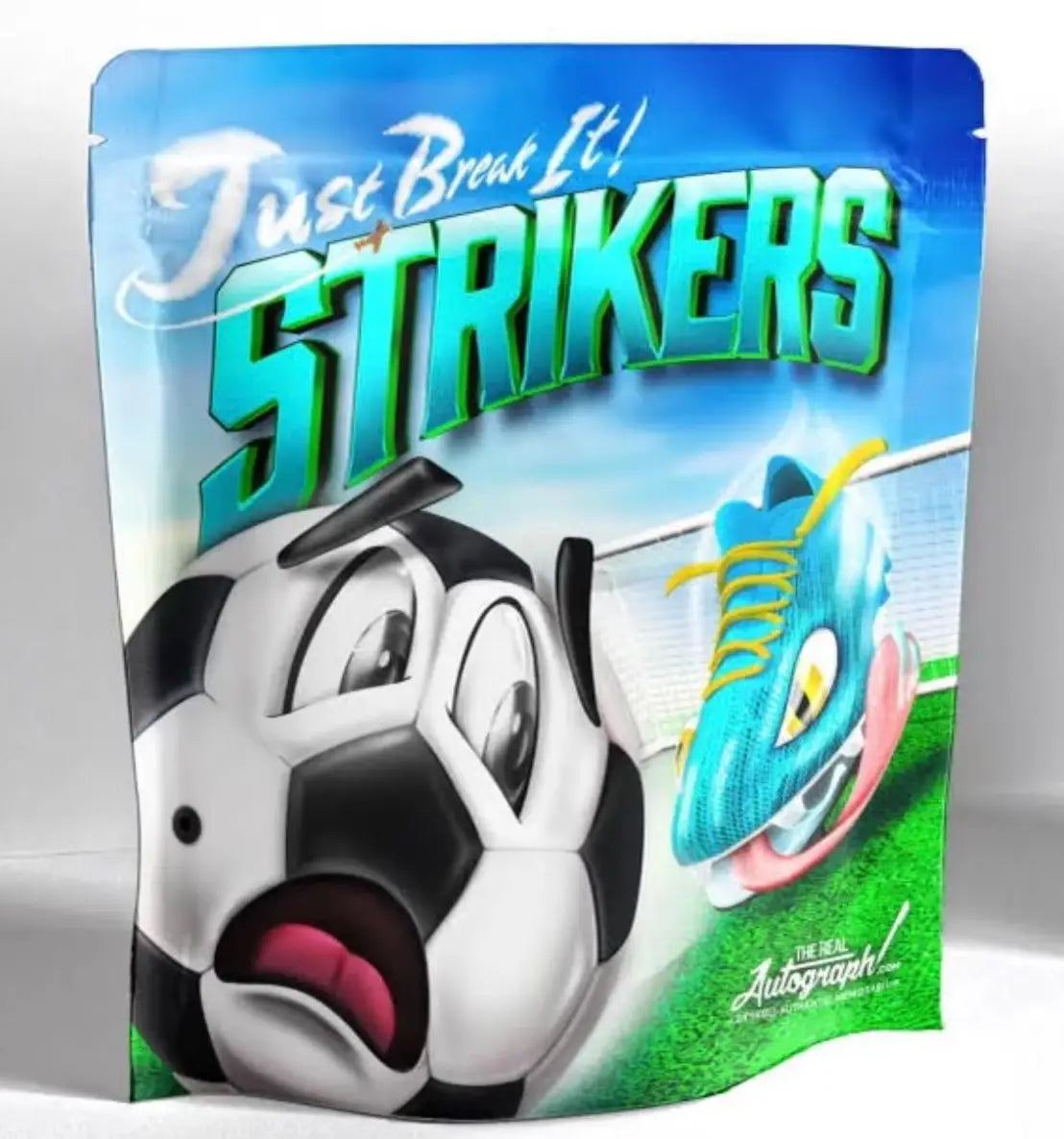 Cartoon soccer-themed packaging for Strikers Soccer Signed Jersey with real autograph