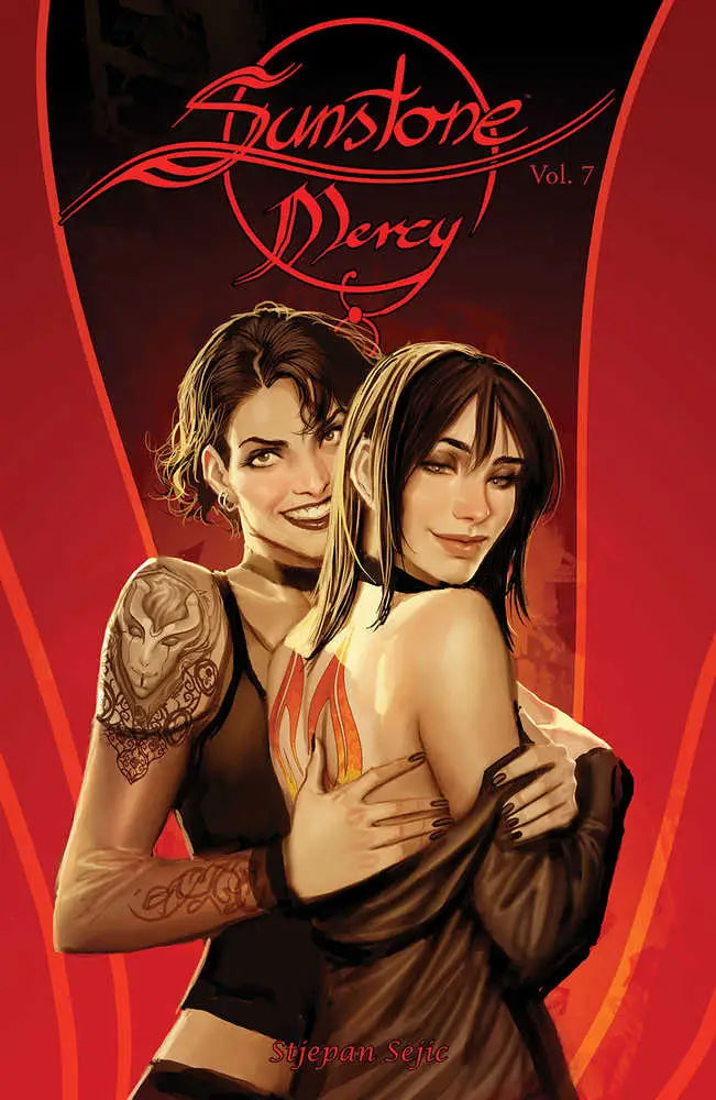 Comic book cover of Sunstone Graphic Novel Volume 07 with intimate figures on red backdrop