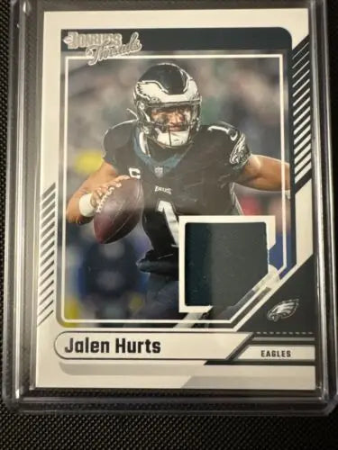 Jalen Hurts football card with jersey swatch from Philadelphia Eagles trading collection