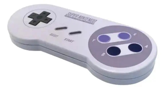 Super Nintendo Controller with light gray and purple design on Nintendo Controller Tin