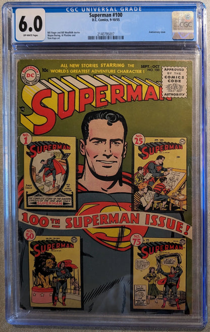 CGC-graded Superman 1st Series #100 comic book, 1955 Anniversary Issue in protective holder