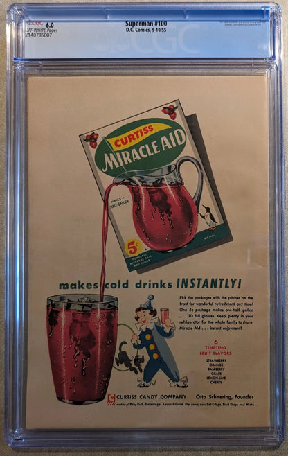 Vintage advertisement for Miracle Aid drink mix with Superman 1st Series comic book