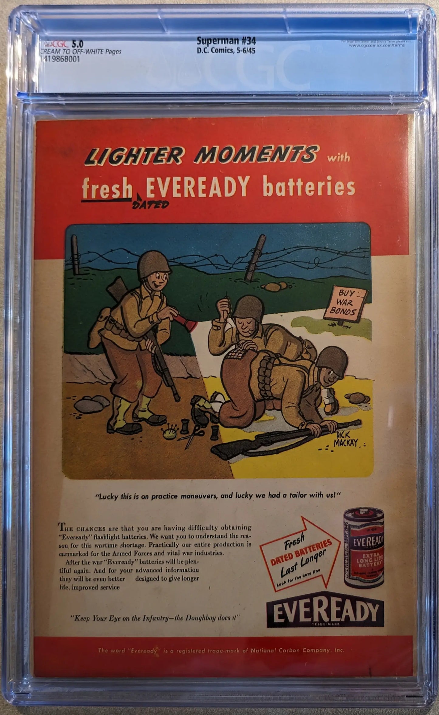 Vintage Eveready battery ad with soldiers on beach, featured on Superman 1st Series Red Cross cover