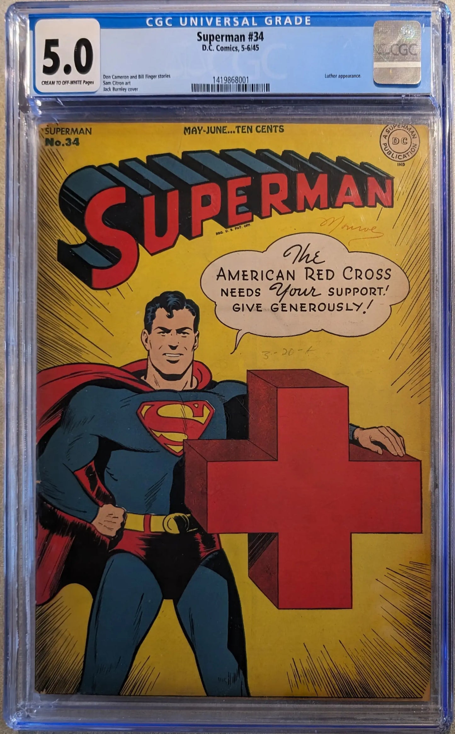 CGC-graded Superman 1st Series #34 comic book with Red Cross cover rated 5.0